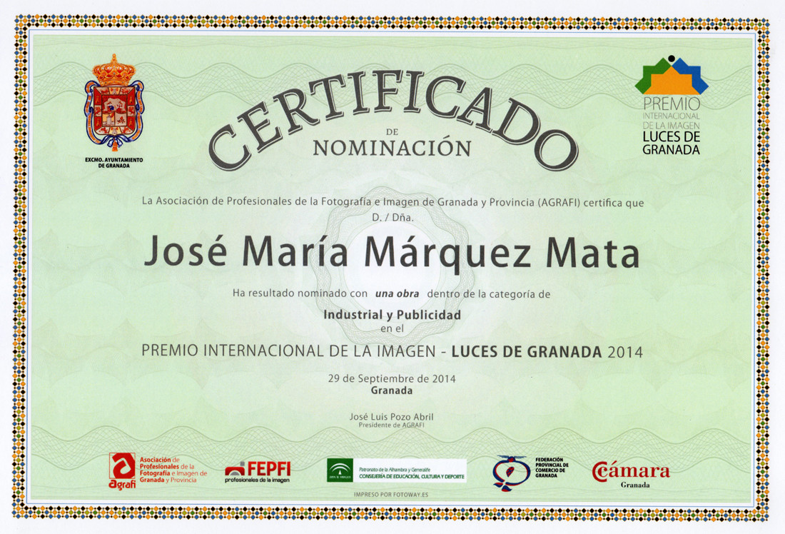 Nominación Industrial y publicidad Premio Internacional de la Imagen Luces de Granada