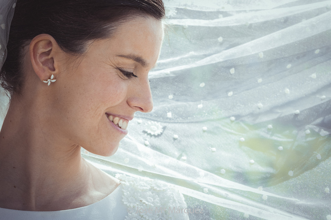 Perfil de la Novia con el velo. Fotografía de exteriores en el Paseo de los Tristes.