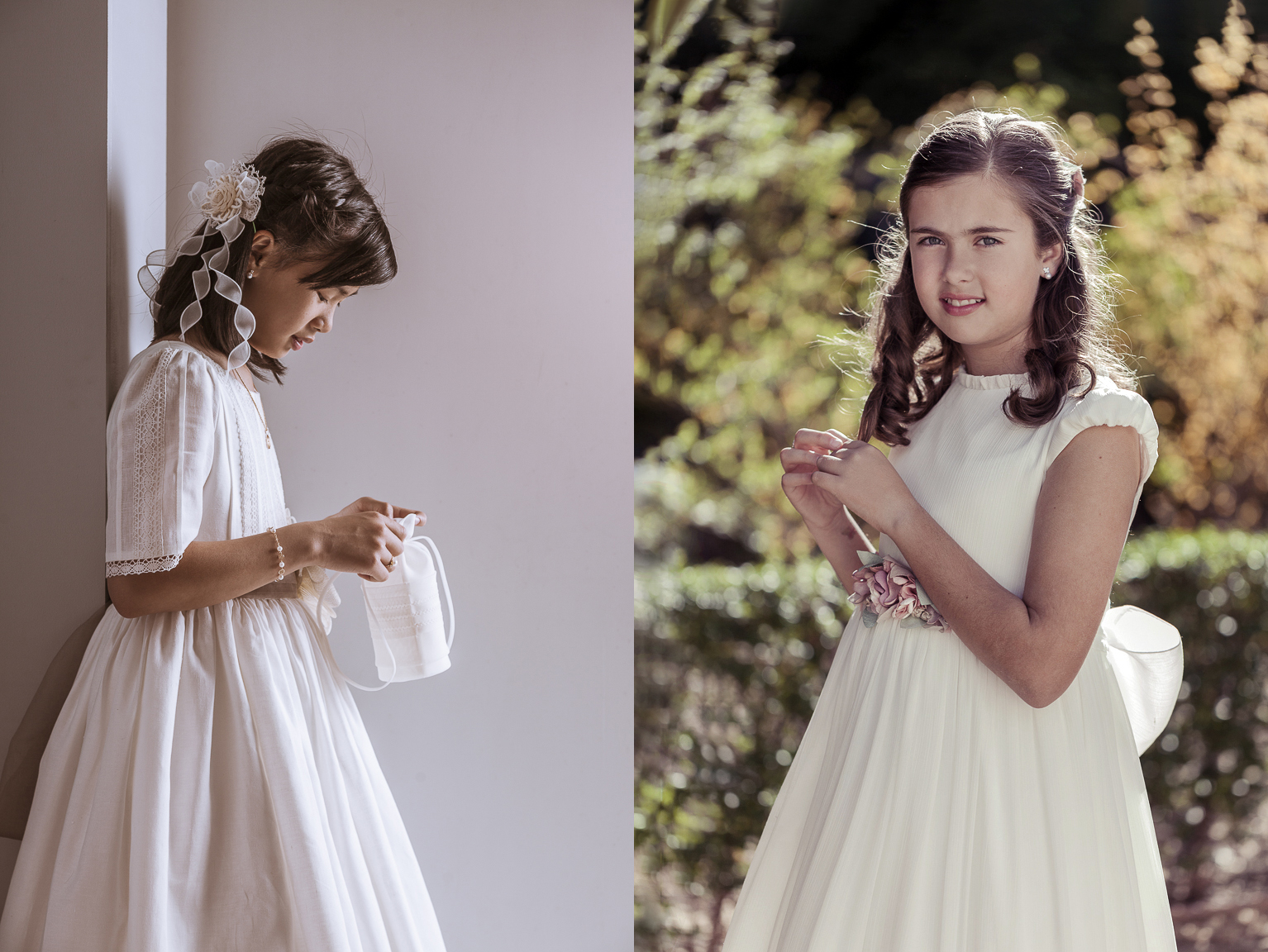 Dos fotos de niñas vestidas de primera comunión. Retratos de estudio y exteriores.