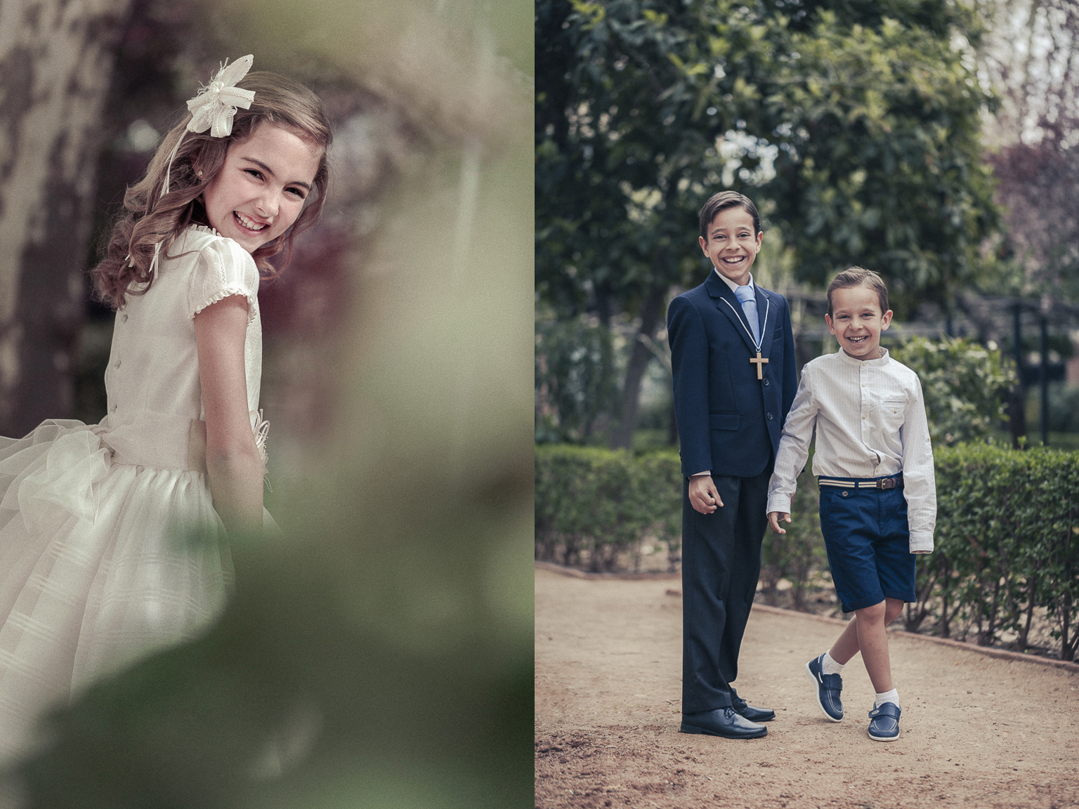 Foto de un niño vestido de comunión en exteriores y una niña en el estudio