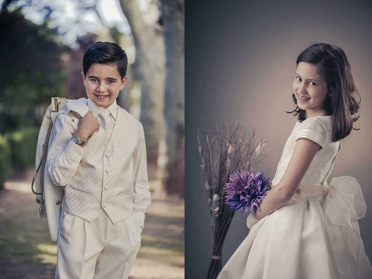 retrato de niña de vestida de primera comunión en exteriores y foto de niño en estudio